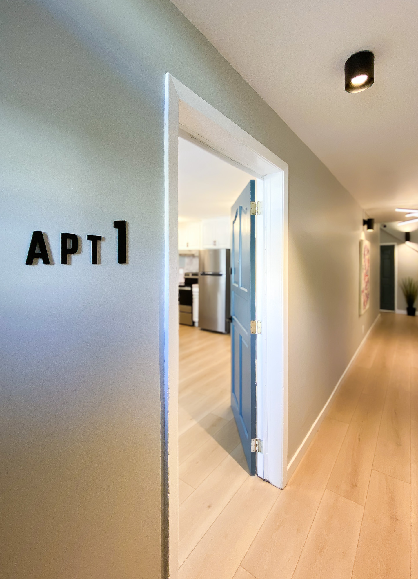 Apartment 1 entry with unit number signage